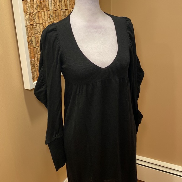 NWT.  Scoop Black 100% Merino Wool V Neck Sweater Dress Puff Sleeves - Picture 3 of 16
